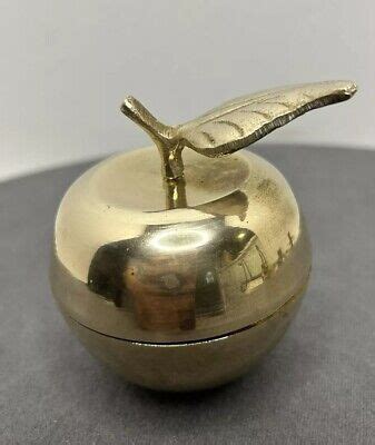 Vintage Solid Brass Apple Trinket Box Keepsake Leaf Handle